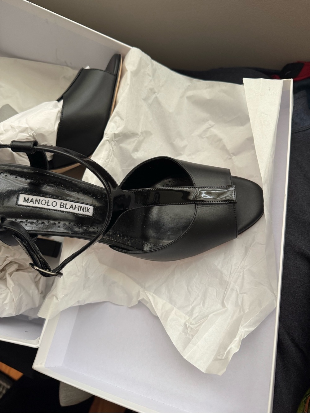 Manolo Blahnik Black T-Strap Open-Toe Heels